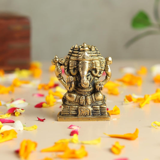 Brass Panchmukhi Ganesha Statue | Traditional Ganpati Idol with Intricate Detailing for Mandir Decor | Housewarming Gift (Design12: L5 x W2 x H6 cm)