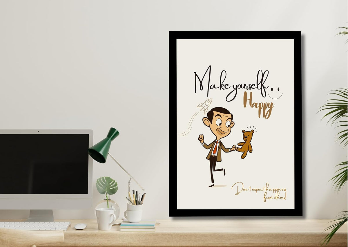 Make Yourself Happy Wall Art Frame | Positive Quote Artwork with Cartoon Man & Teddy | Self Happiness Motivational Poster | Ready to Hang Frame for Bedroom Living Room & Office Decor