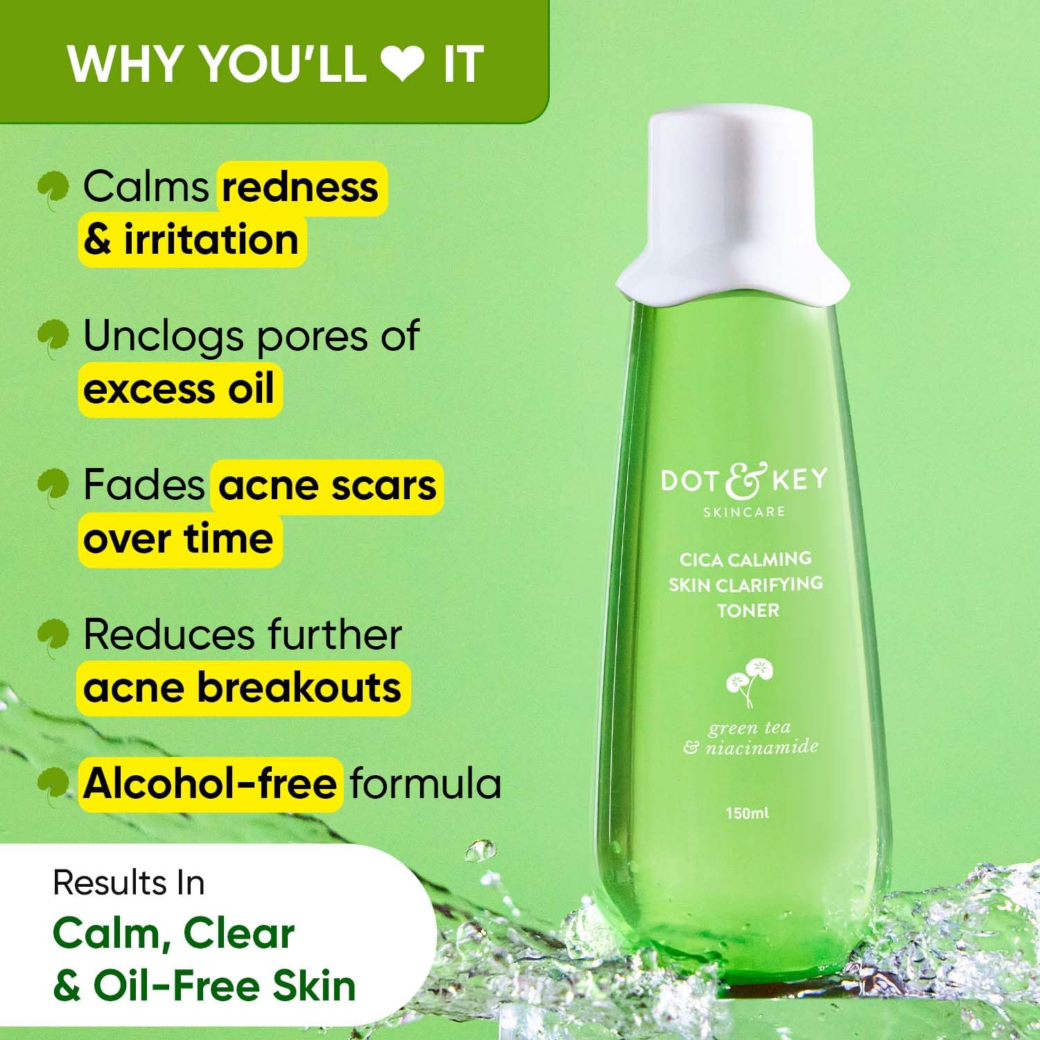 Zephivo Dot & Key Cica Calming Skin Clarifying Toner with Green Tea & Niacinamide | Toner for Acne Prone Skin | Niacinamide Toner For Acne, Oily & Sensitive Skin | Fades Acne Scars & Dark Spots | 150ml
