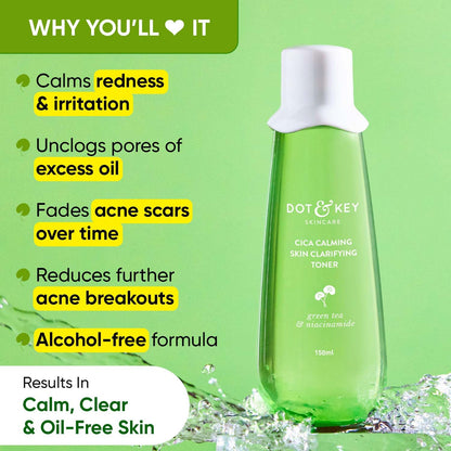 Zephivo Dot & Key Cica Calming Skin Clarifying Toner with Green Tea & Niacinamide | Toner for Acne Prone Skin | Niacinamide Toner For Acne, Oily & Sensitive Skin | Fades Acne Scars & Dark Spots | 150ml
