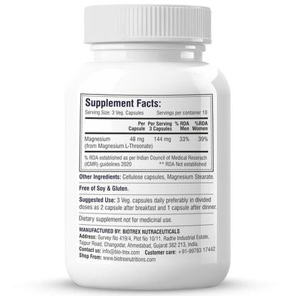 Biotrex Nutraceuticals Magnesium L Threonate 2000mg Per Serving | Better sleep, Cognitive Support & Quick Thinking | Brain & Memory Function | Most Bioavailable Form of Magnesium | 30 Vegetarian Capsules