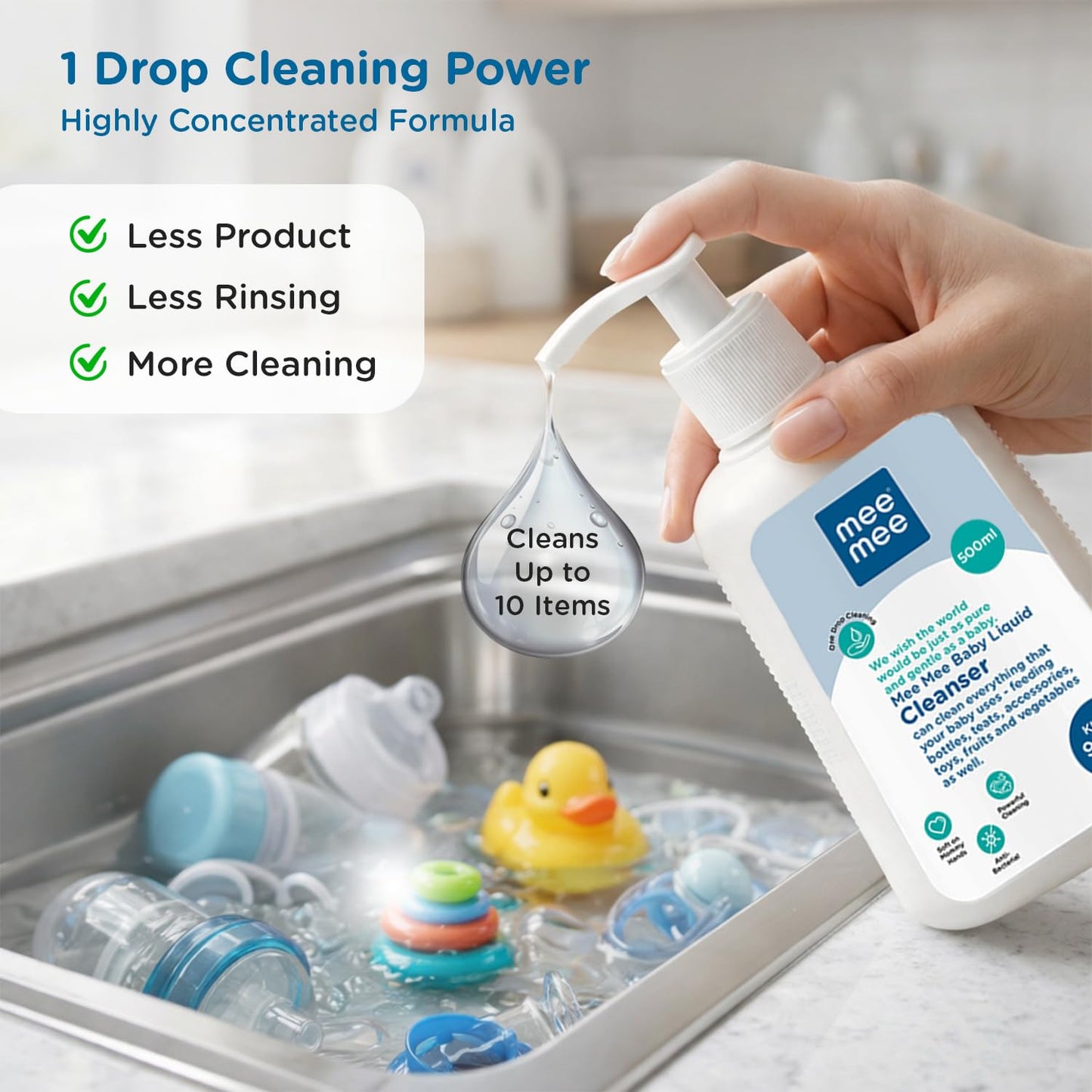 Mee Mee Baby Liquid Cleanser 500 ml, Anti-Bacterial Kills 99.9% Germs | for Bottles, Nipples, Accessories, Toys, Fruits & Vegetables | No Alcohol, Dermatologically Tested