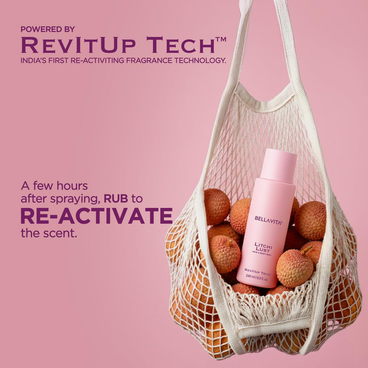 Pink bottle of Bellavita Luminous Body Lotion with lychees in a net bag on a pink background, featuring RevItUp Tech text.