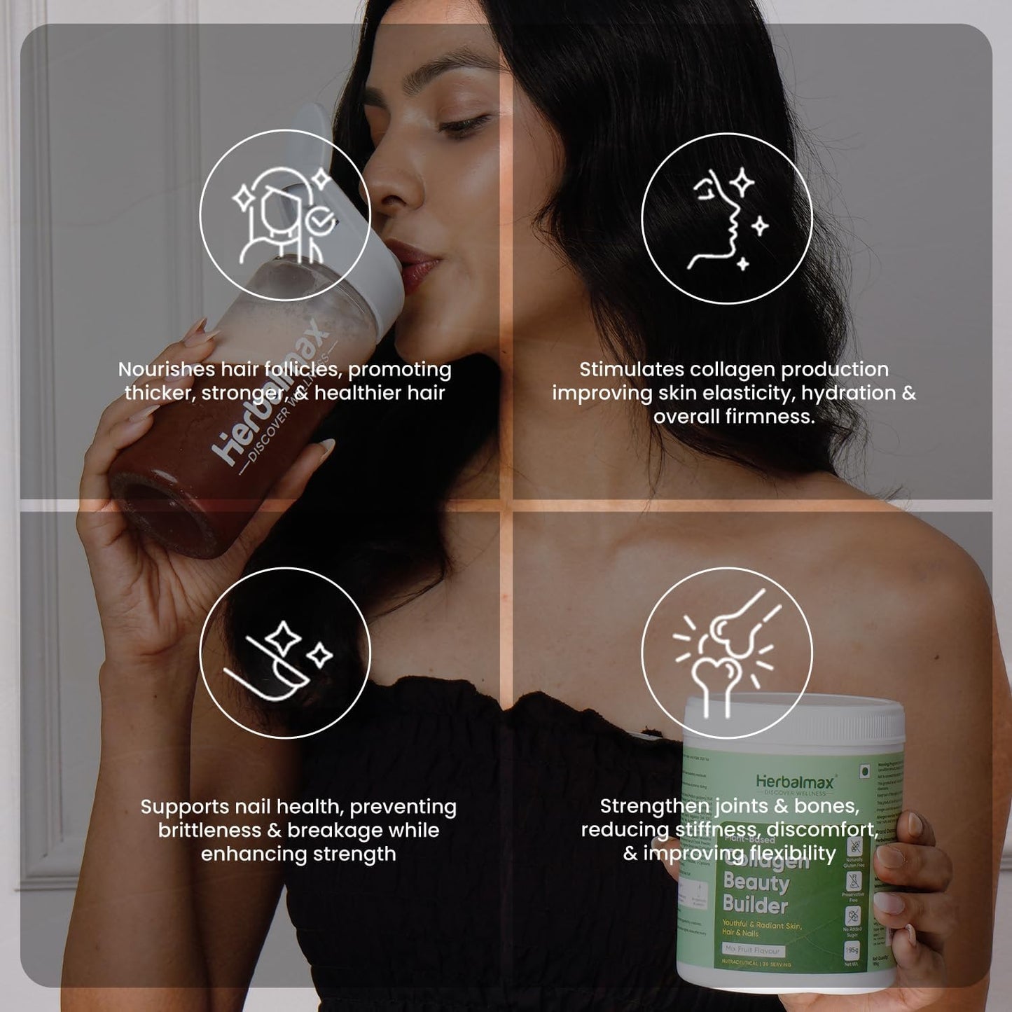 Herbalmax 100% Veg Collagen Beauty Builder 97.5g Plant-Based Collagen Supplement for Hair, Skin, Nails & Joints | With Vitamin C & E | Mixed Fruit Flavour | Naturally Gluten-Free & No Added Sugar