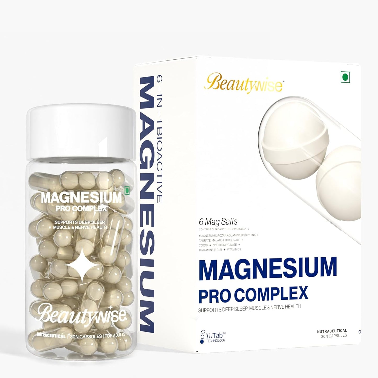 Beautywise TriTab Magnesium Complex | 6-in-1 High-Absorption Magnesium (Aquamin, Lipoza Bisglycinate) 355 mg & Co-Actives | Smart Timed-Release for Sleep, Muscle Recovery & Nerve Health | 30 Capsules