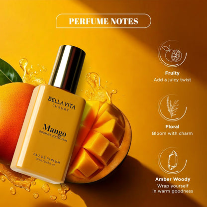 Bellavita Luxury Mango perfume bottle with mango slices and water droplets on a yellow background