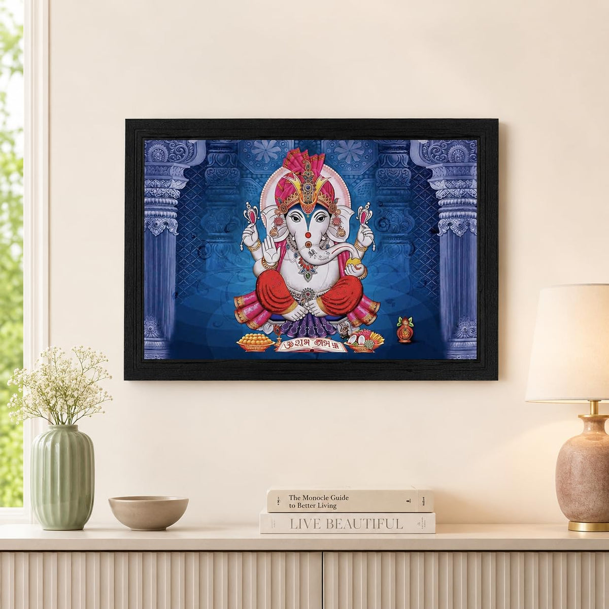 Prosperity Shubh Labh Ganesha Art Framed Painting | Ready to Hang (Wood, 12inch x 18 inch)