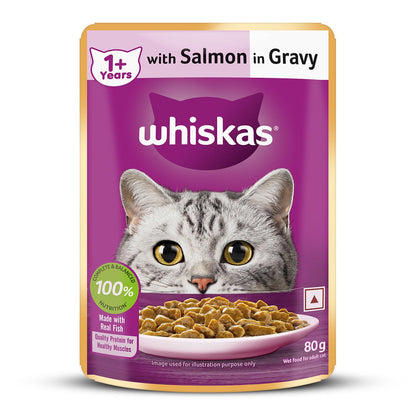 Whiskas Adult (1+ Years) Wet Cat Food, Salmon in Gravy, 80 g Hydrating Food Made With Real Fish, 100% Complete & Balanced Nutrition for Adult Cats