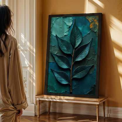Botanical Leaf Wall Painting with Frame Set of 1 | Premium Textured Teal Green Leaf Artwork, Modern Nature Inspired Wall Decor for Living Room, Bedroom, Office and Home Decoration (Art-18,13x19inch)