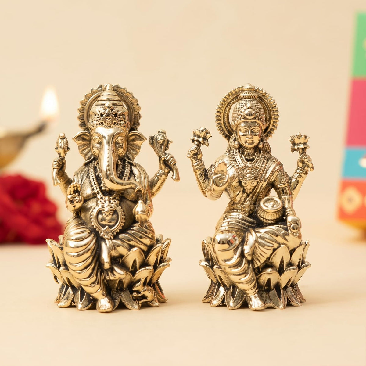 100% Pure Brass Lakshmi Ganesh Idol with Gift Box | Pital Murti for Pooja Room Decor Office Desk | Religious Housewarming Grah Pravesh Diwali Wedding Gift for Couple