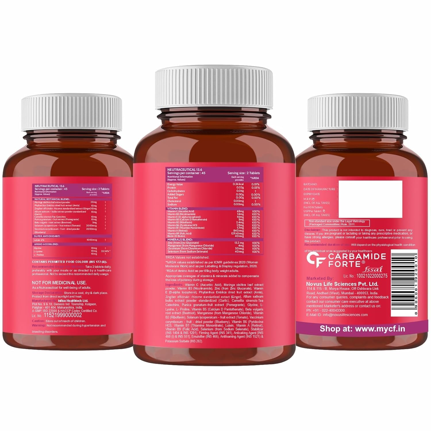 Three bottles of Carbamide Forte with red labels and white caps on a white background.