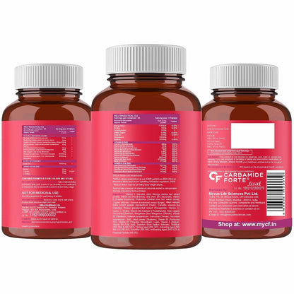 Three bottles of Carbamide Forte with red labels and white caps on a white background.
