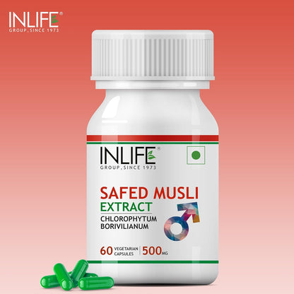 INLIFE Safed Musli Capsules 500mg | Natural Supplement for Strength, Stamina, and Immunity | Quicker Absorption than Tablets - 60 Vegetarian Capsules