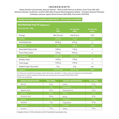 Nutritional information and ingredient list for a protein product on a white background