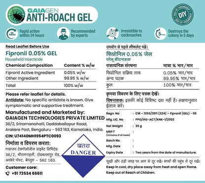 Gaiagen Anti-Roach Gel - Cockroach Exterminator Gel (35g) | Pest Control Grade | Works in 24 Hours | Eliminates Full Colony | Pack of 1