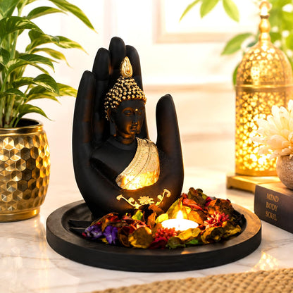eCraftIndia Black Golden Resin Palm Buddha Statue Potpourri Tea Light Holder| Lord Buddha Statue for Living Room| Gautam Buddha Idol for Home Decor| Showpiece for Diwali Buddha Purnima Housewarming