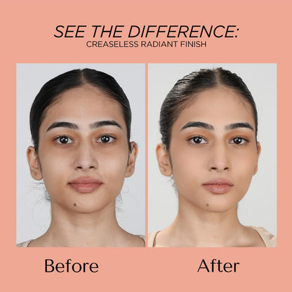 Before and after comparison of a woman's face with text 'See the Difference: Creaseless Radiant Finish' on a peach background.