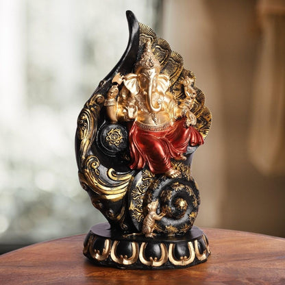 Ganpati Idol Statue | Polyresin Seated on Shankh Design with Red Robe | Showpiece for Mandir, Table, Home Decoration
