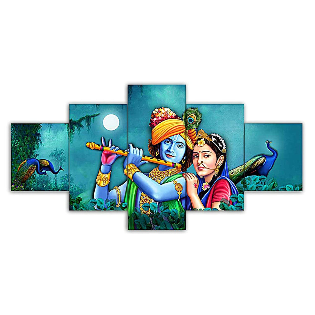 Radha Krishna 3D Scenery Wall Painting Set of 5 | Painting For Wall Decoration | Large Framed Wall Decor for Living Room, Office (75 x 43 cm) K8Md - Wood