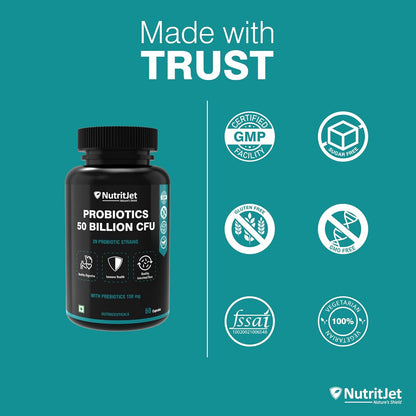 NutritJet Probiotics Supplement 50 Billion CFU with 20 Strains | Probiotics for Gut Health Supplements | Support Digestion & Immunity | Gut Health Probiotics - 60 Veg Capules