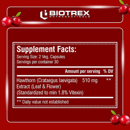 Biotrex Nutraceuticals Hawthorn Berry Supplement 510mg | Supports Cardiovascular Health | Powerful Antioxidant | Skin, Heart And Digestive Health | 60 Veg Capsules