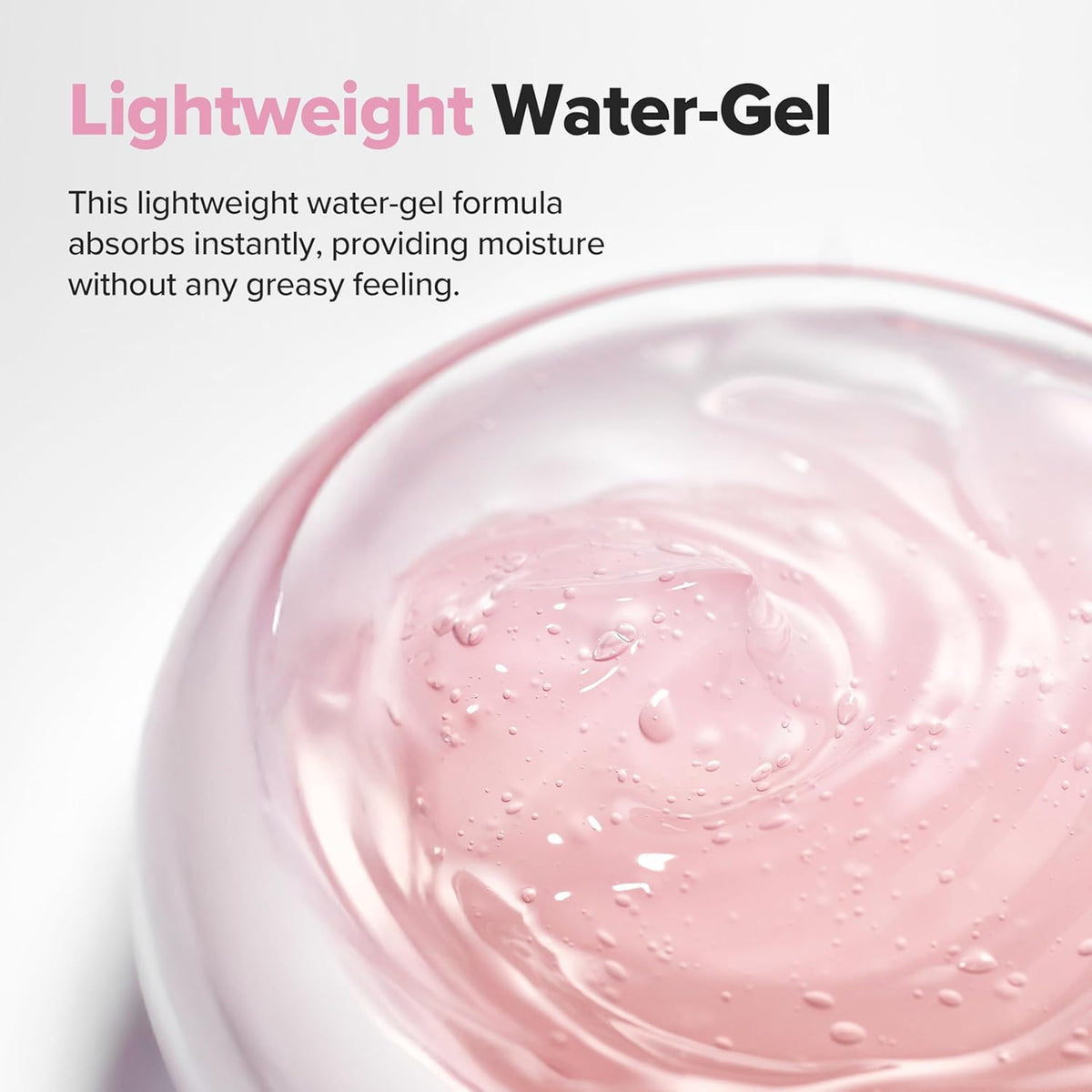 Pink water-gel in a container with text describing its properties.