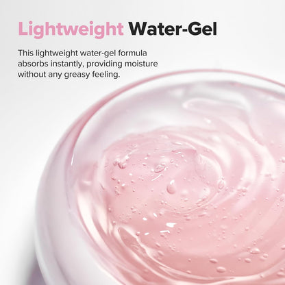 Pink water-gel in a container with text describing its properties.