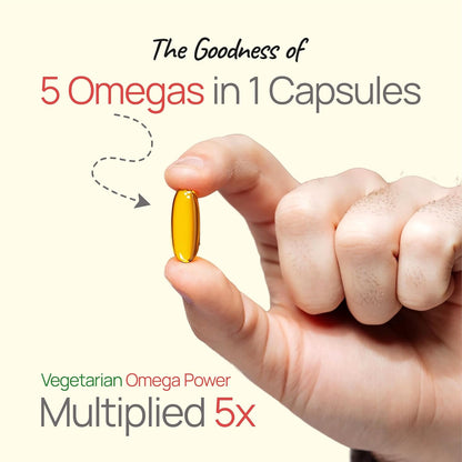 Bliss Welness Veg Omega 3 5 6 7 9 Supplement | Plant Based Algal (DHA), Flaxseed Oil (ALA), Pomegranate Seed, Sea Buckthorn, Borage (GLA), Rosemary Extract, Sunflower Extract & No Fish Oil 60 Vegan Softgel Capsules
