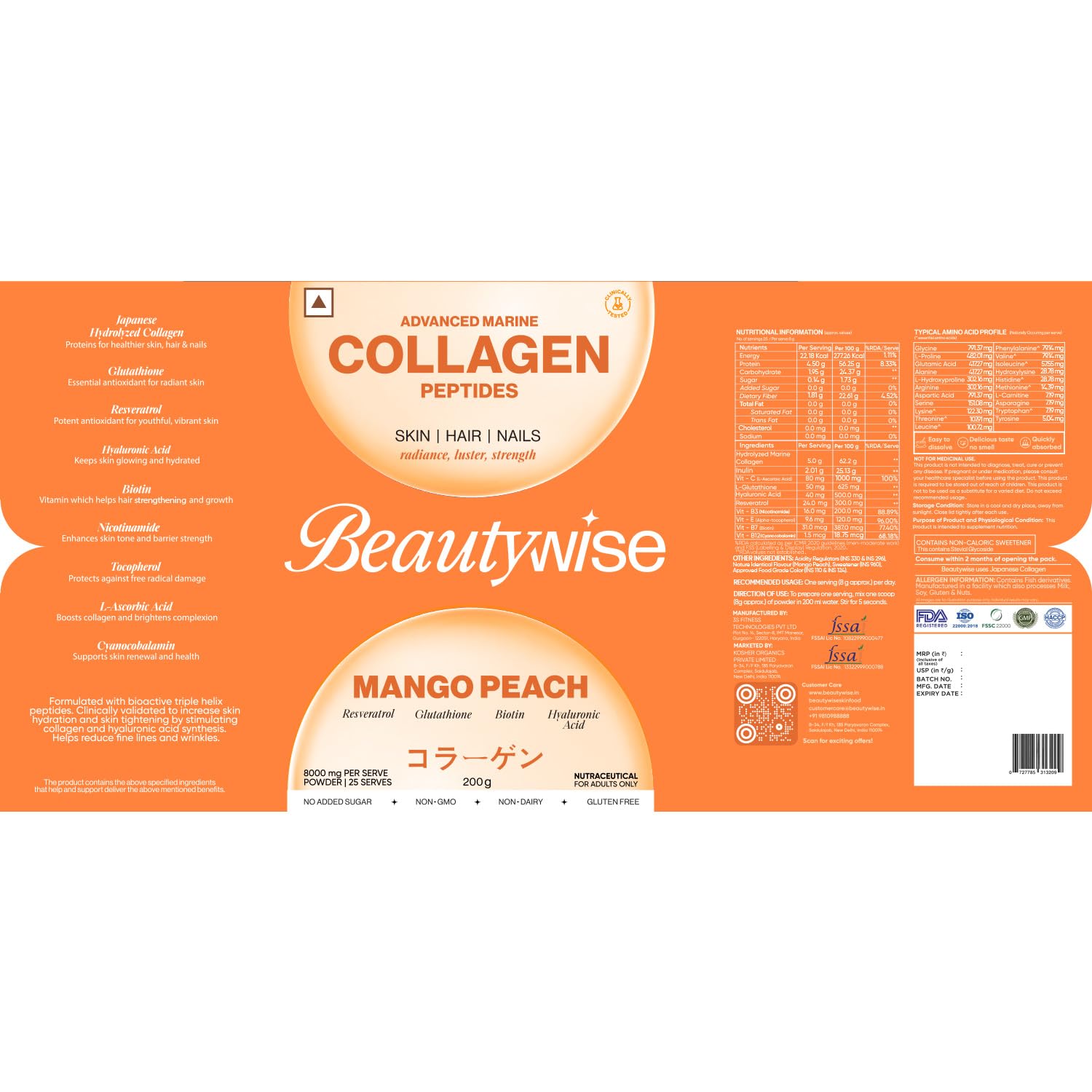 Beautywise collagen peptides packaging with orange and white design