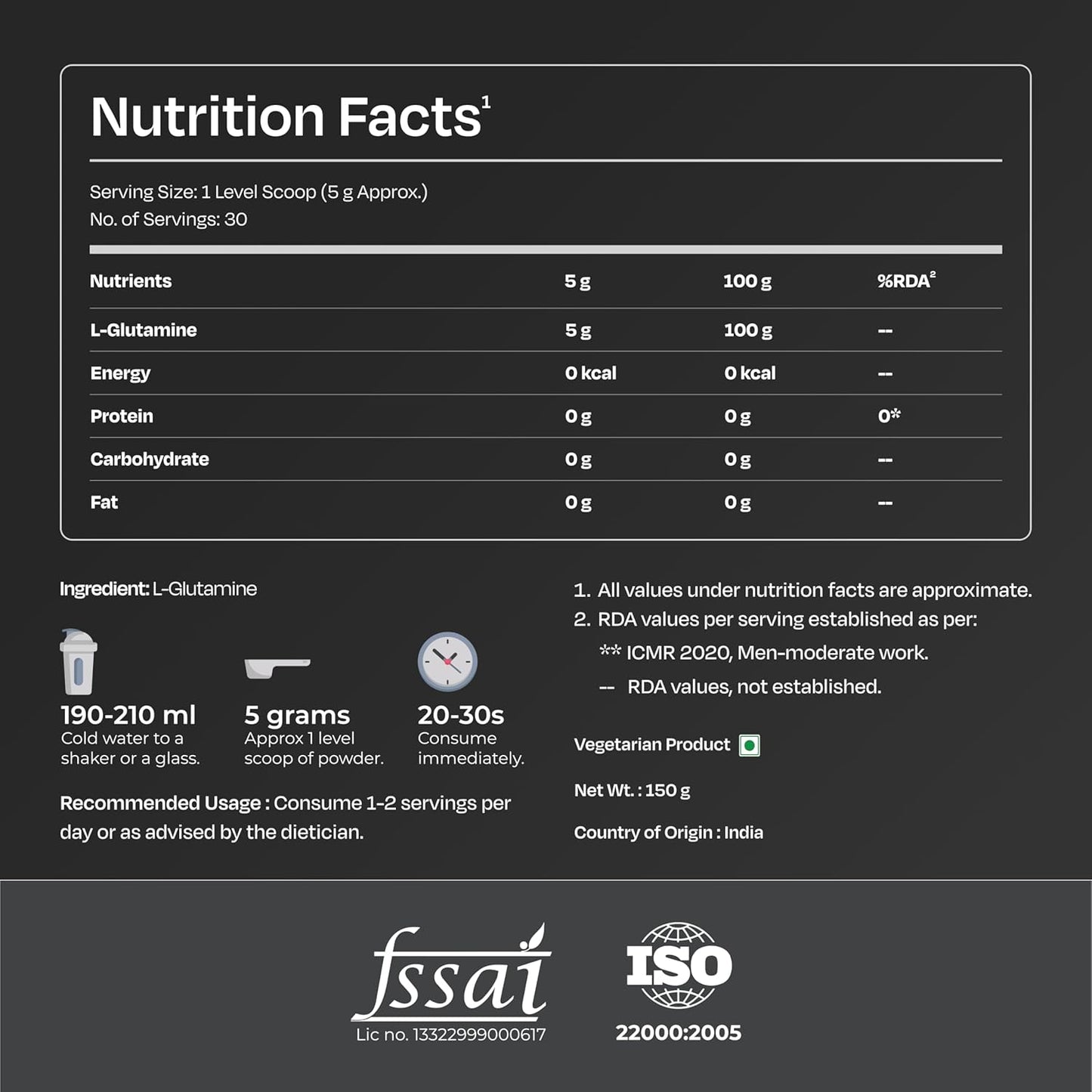 Nutrition facts label for a L-Glutamine supplement on a dark background