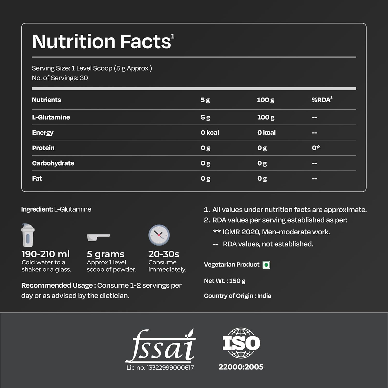 Nutrition facts label for a L-Glutamine supplement on a dark background