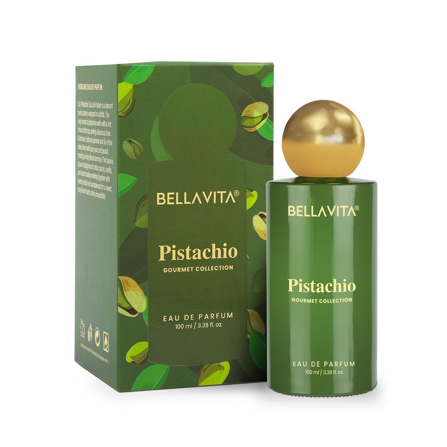 Bellavita Pistachio Eau de Parfum bottle and packaging on a white background