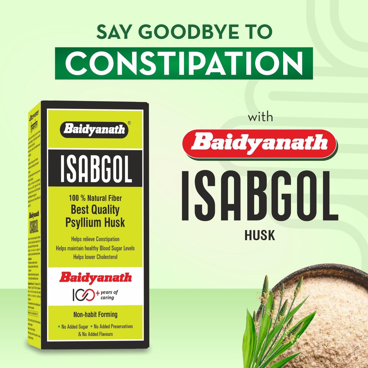 Baidyanath Isabgol packaging with text on a green background