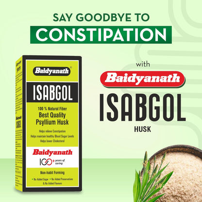 Baidyanath Isabgol packaging with text on a green background