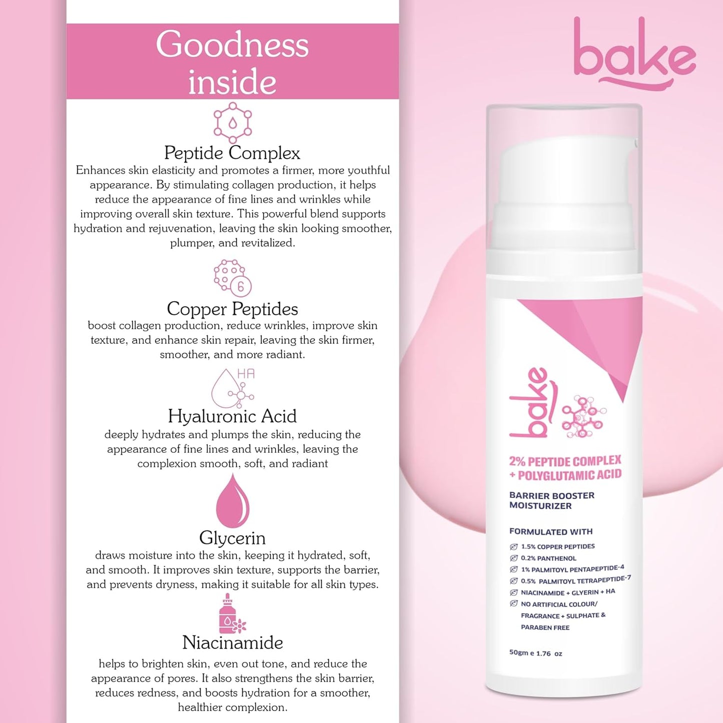 BAKE 2% Peptide Complex Moisturizer with Polyglutamic Acid, 1.5% Copper Peptides, Niacinamide for Barrier Repair & Strengthening | Non Comedogenic, For Oily, Normal & Sensitive Skin - 50g