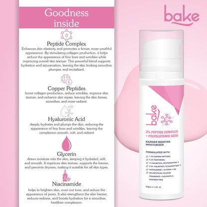 BAKE 2% Peptide Complex Moisturizer with Polyglutamic Acid, 1.5% Copper Peptides, Niacinamide for Barrier Repair & Strengthening | Non Comedogenic, For Oily, Normal & Sensitive Skin - 50g