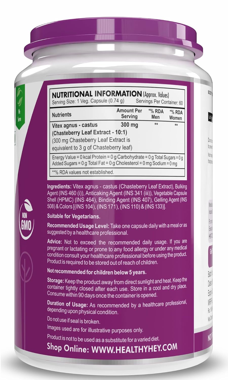 HealthyHey Nutrition Chasteberry Leaf Extract - 300mg per serving - 60 Vegetable Capsules