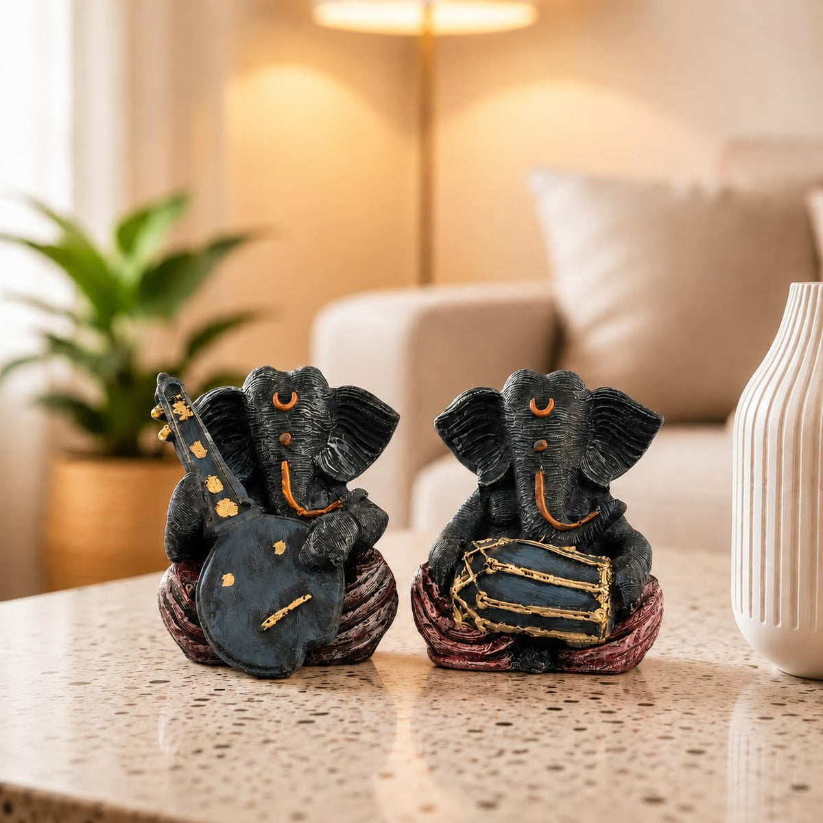Resin Musical Ganesha Pair for Home Decor | Brings Prosperity - (Grey & Red, Pack of 2)