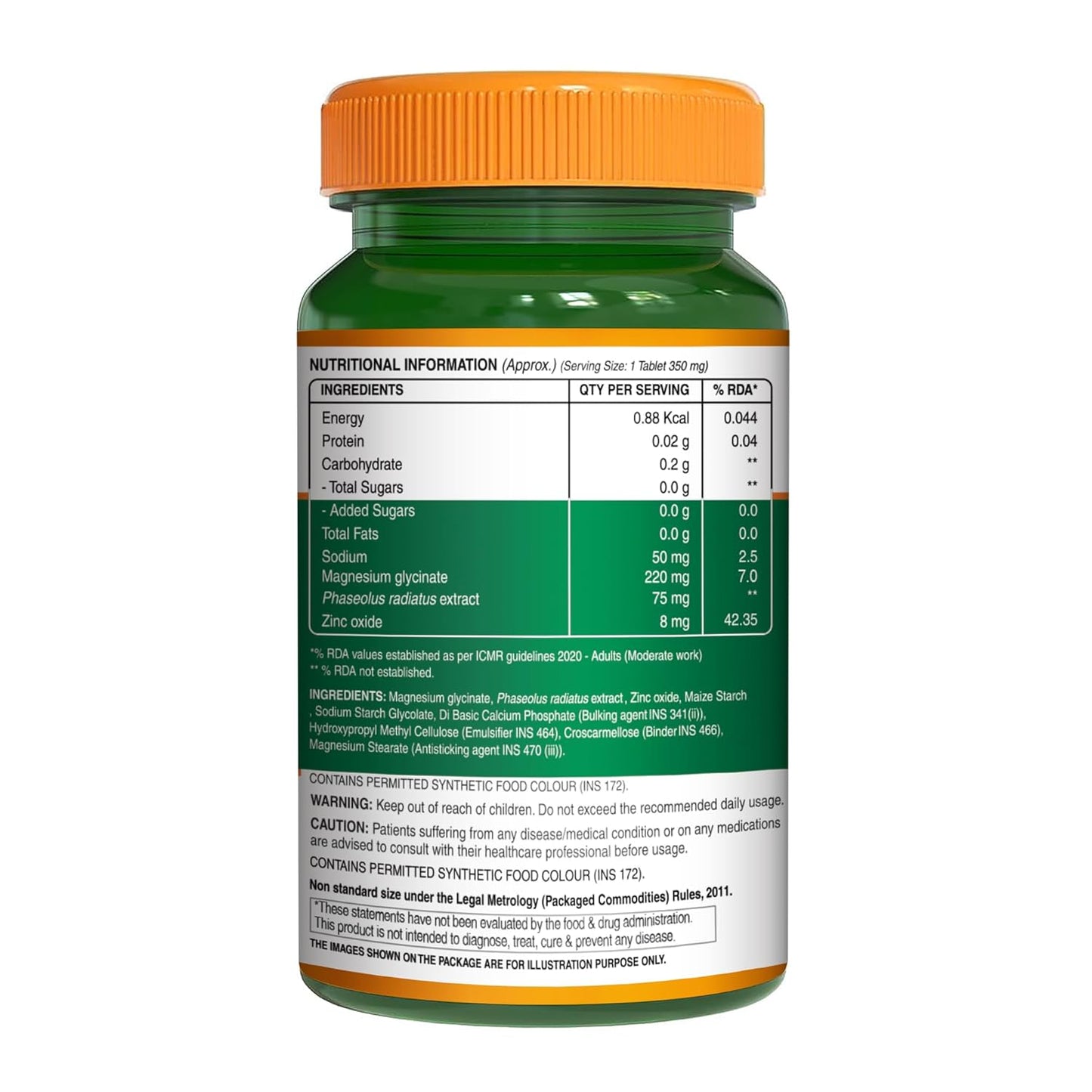 Supplement bottle with a green label and orange cap on a white background