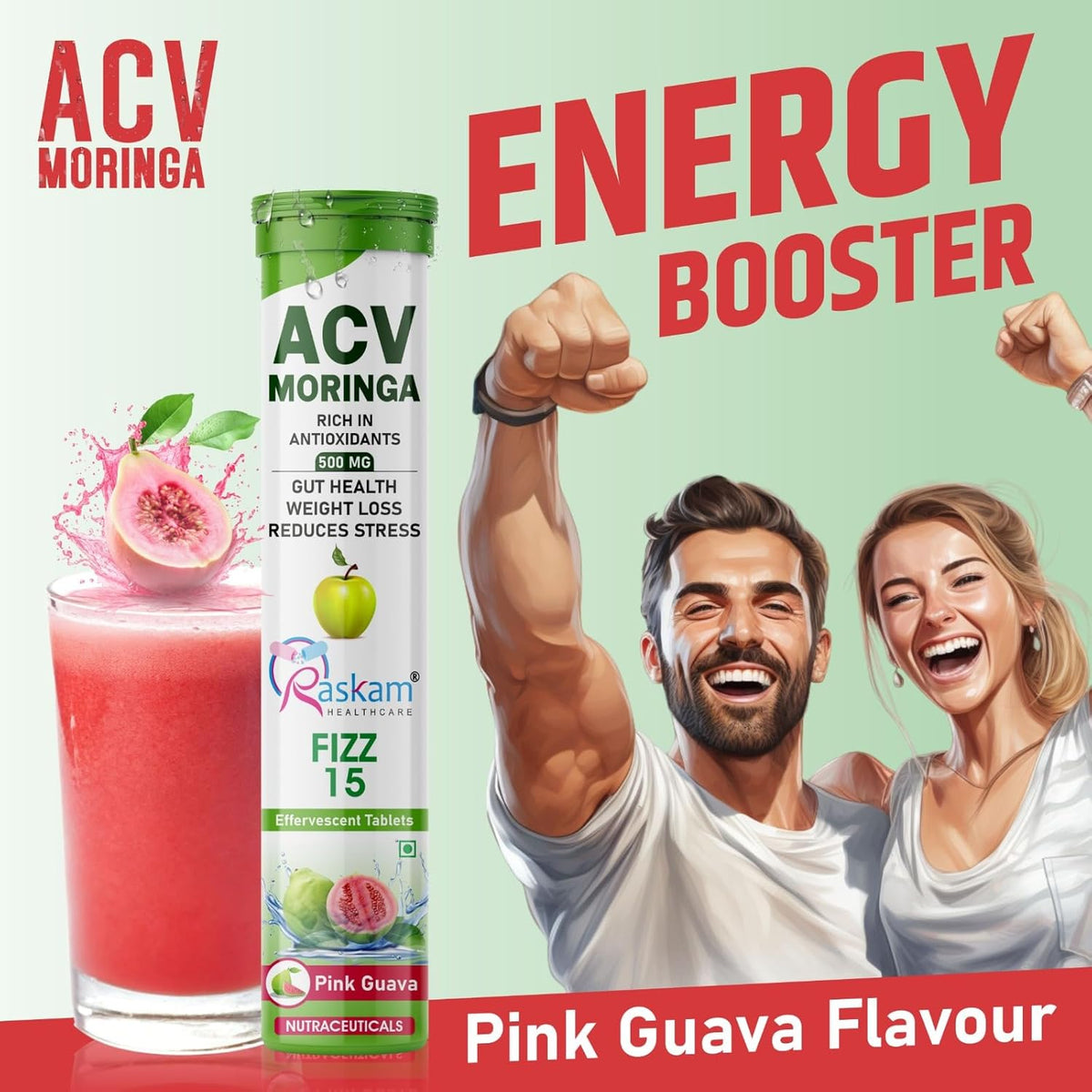 ACV Moringa supplement with a pink guava drink and people celebrating on a green background