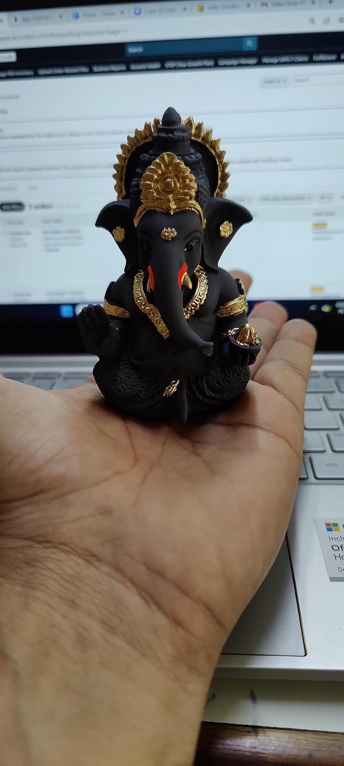 Gold Art India Dark Grey Ganesha Idol Ganesh for Car Dashboard Statue Ganpati Vinayaka Vinayagar Figurine Diwali Gifts Home Decor Luck, Success