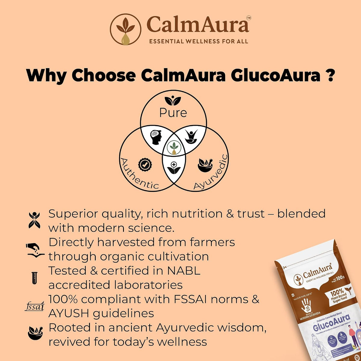 CalmAura GlucoAura Ayurvedic Herbal Wellness Powder 100g | Plant Based Sugar Balance Supplement | Supports Healthy Metabolism, Detox, Digestive Wellness & Daily Vitality | 100% Natural Herbal Formula | Vegan