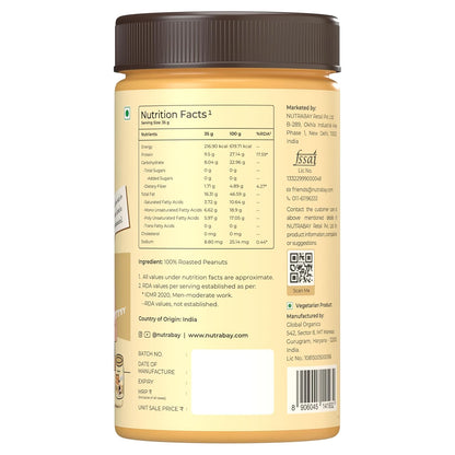 Nutrabay Foods All-Natural Peanut Butter (Creamy) - Unsweetened, 750g | 100% Roasted Peanuts, 28g Protein, Zero Cholesterol, Vegan, Gluten Free, Non GMO