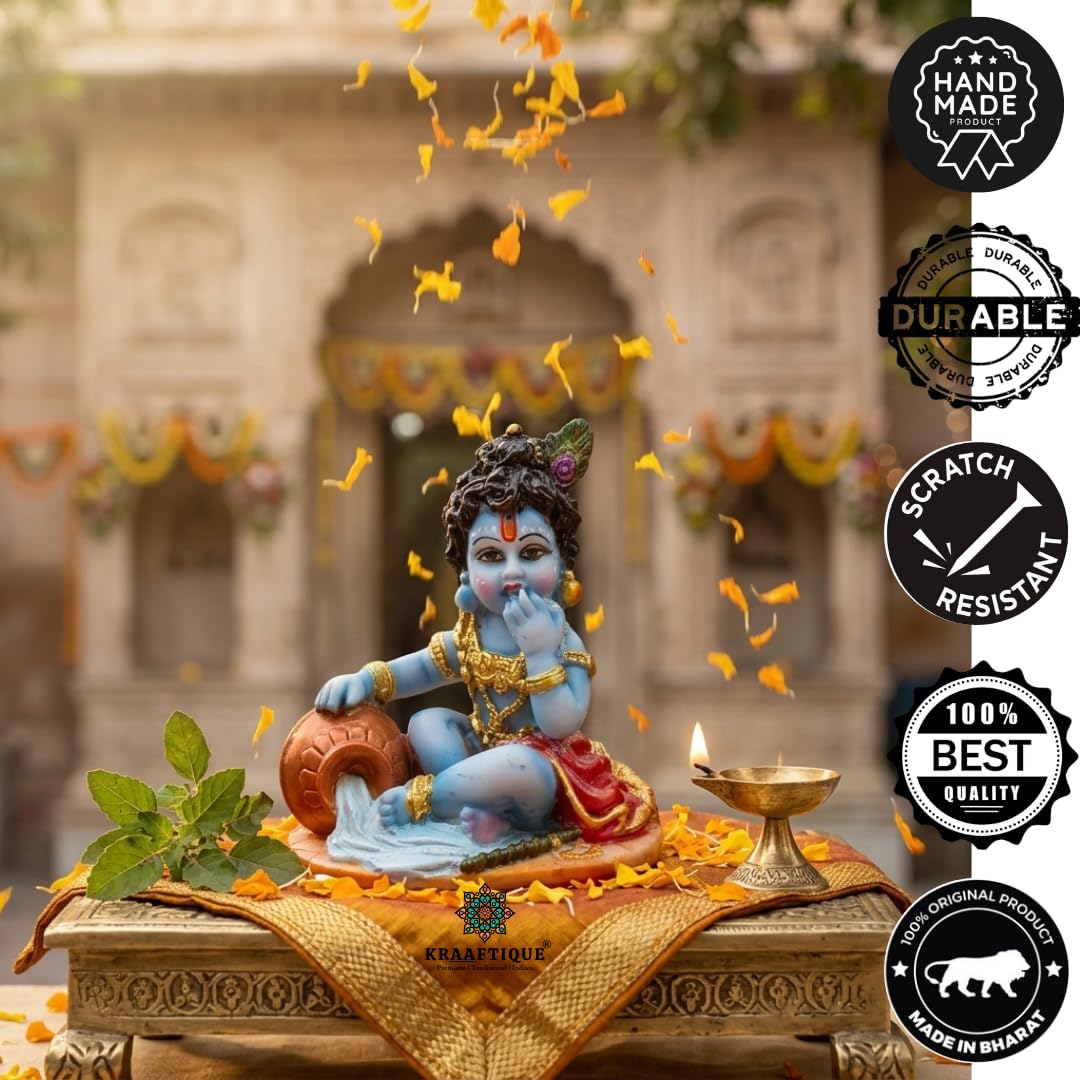 Bal Krishna Makhan Chor Idol 4 Inch | Kanha Ji Murti Marble Dust Statue | Bal Gopal Thakur Ji for Home Temple, Pooja Mandir Decor | Janmashtami Gift & Housewarming Decoration