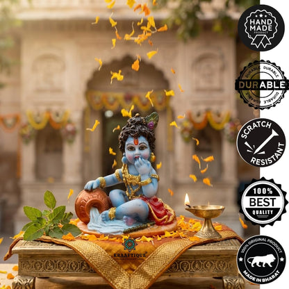 Bal Krishna Makhan Chor Idol 4 Inch | Kanha Ji Murti Marble Dust Statue | Bal Gopal Thakur Ji for Home Temple, Pooja Mandir Decor | Janmashtami Gift & Housewarming Decoration
