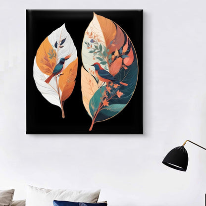 Tropical Birds Wall Art, Decorative Feather Canvas Print, Black Background, Orange and Teal Botanical Design 16 Inch x 16 Inch CVS-38105