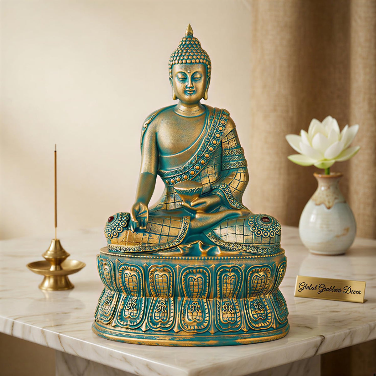 Buddha Statue Showpiece Idol Home Decor Items for Living Room and Gifts (Antique Golden Blue)
