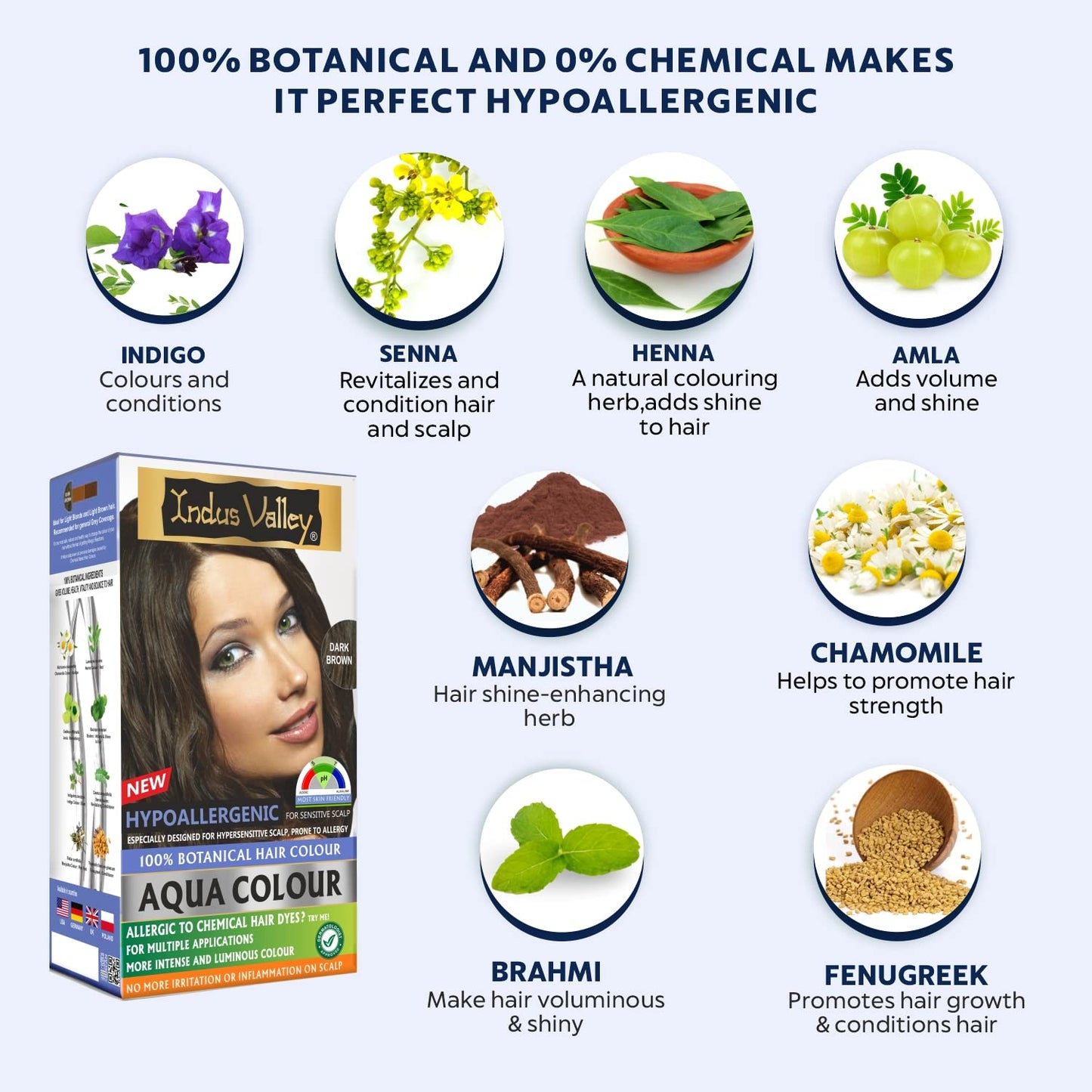 Indus Valley Aqua Colour hair dye packaging with botanical ingredients displayed on a white background