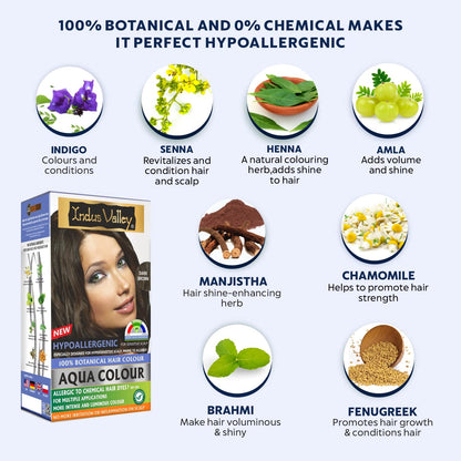 Indus Valley Aqua Colour hair dye packaging with botanical ingredients displayed on a white background