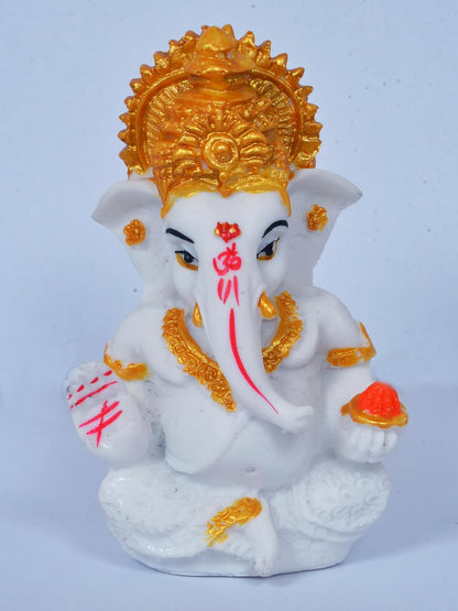 White & Gold Ganesh Idol with Decorative Foam Flower – 3.5 Inch Polyresin Ganesha for Car Dashboard, Home, Office & Housewarming Gift – Auspicious Vastu Decor